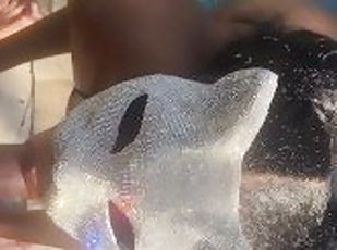 Masked Ebony Gives Sloppy Blowjob Outside In The Pool POV  Black Becky