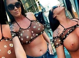 Teaser- Super HOT Brunette wearing thin see through top flashing TITS in public!