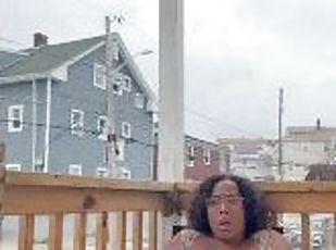 Nerdy Ebony BBW Hairy MILF masturbates in public on her porch ONLYFANS @melonmamas