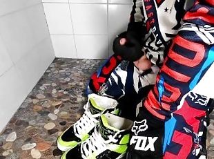 Mx blonde boy piss in his shoes and cum on it
