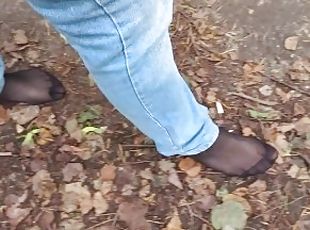 Risky walking in the forest barefoot with pantyhose, I also needed to pee!