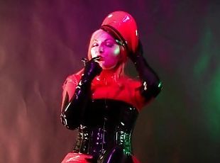 fetish latex rubber clip 4k red shiny catsuit