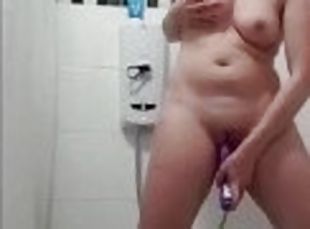 Mom fucks and sucks toy in shower