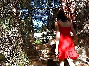 Girl in red dress rides hard cock anal in wood