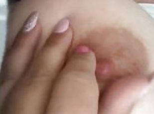 Horny milf playing with my big tits and juicy pussy while my husband is asleep next to me