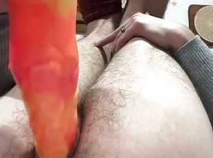 schoolgirlboy stretches his pussy with huge dildo, plays with his toys