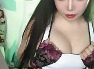 Asian Tifa cosplayer plays with her natural big tits