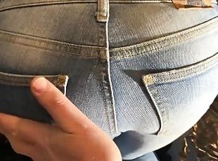 Mistress Ket tight jeans ass - handjob let vinyl slave cum on her tight jeans