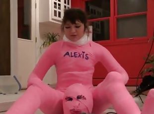 Girl Completely Encased In Pink Body Cast