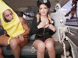 Strong Halloween bang bus sex leads tight blonde to surreal orgasms