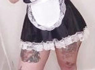 Teen girl with tattoos dressed up as a maid loves touching herself and shake her big ass