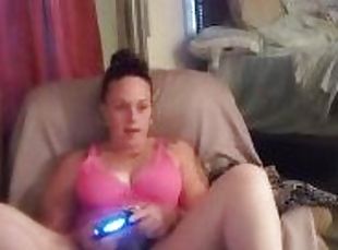 Pretty Gamer Girl Smoking In Sexy Pink Lingerie Playing Video Games (Upskirt and Panties)