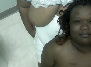 Threesome ebony doublt rimjob face in the bathroom office