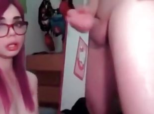 Deepthroat webcam BJ with a facial on her glasses