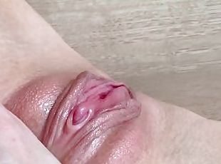 POV slimy wet pussy orgasm. Close up erect clit rubbing